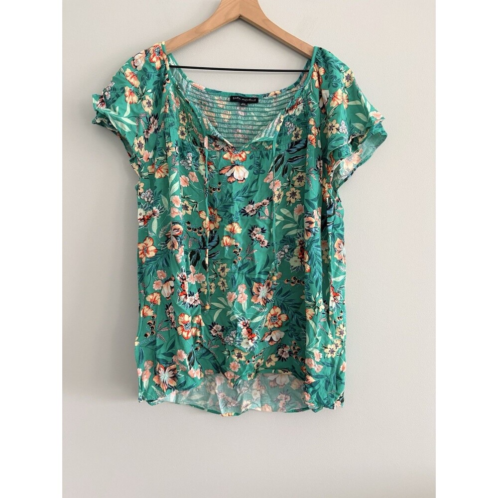 Sara Michelle Top Womens Size 2x Green Floral Short Sleeve Tie Front